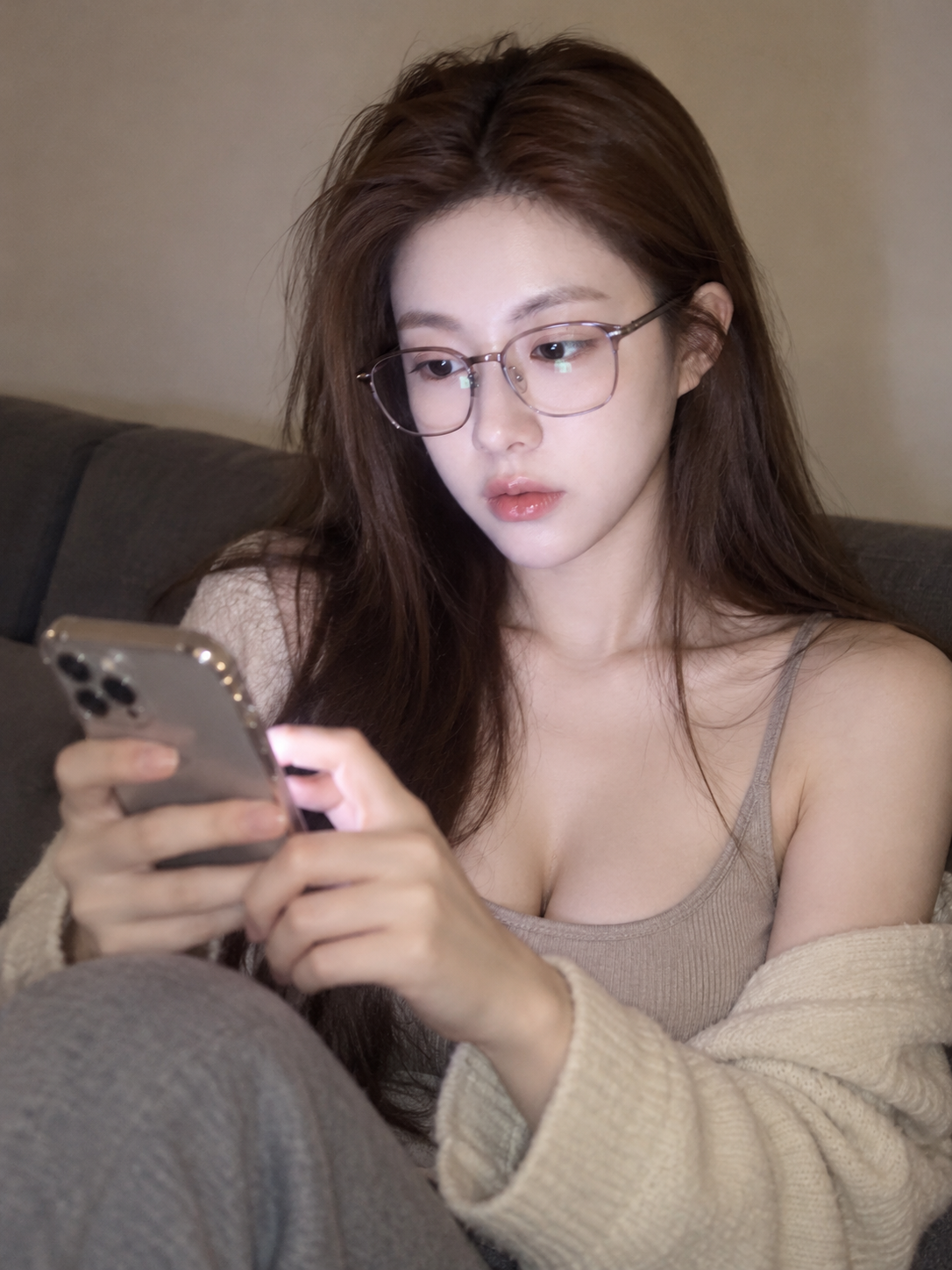 실내에서 휴대폰을 보는 성인 여성의 일상 스냅 인물 사진