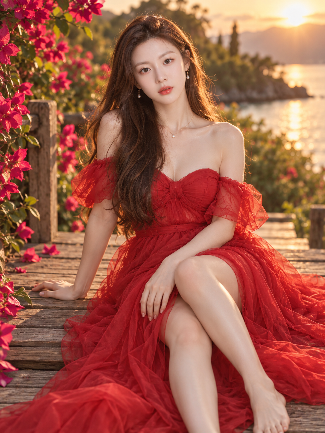 绯红薄纱长裙女神的黄昏丛林大片