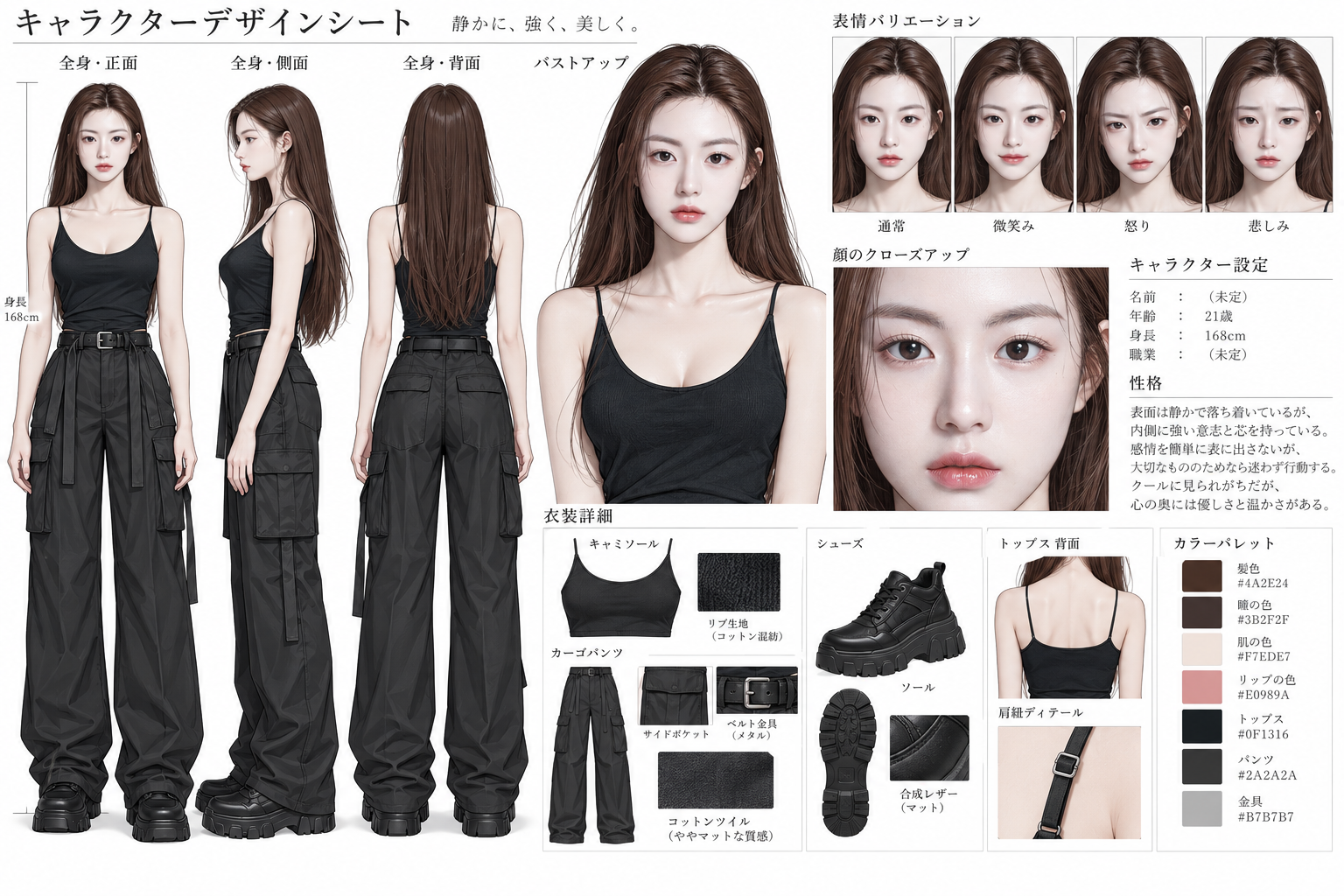 高精細キャラクター設定画と四方向ビュー表情分解