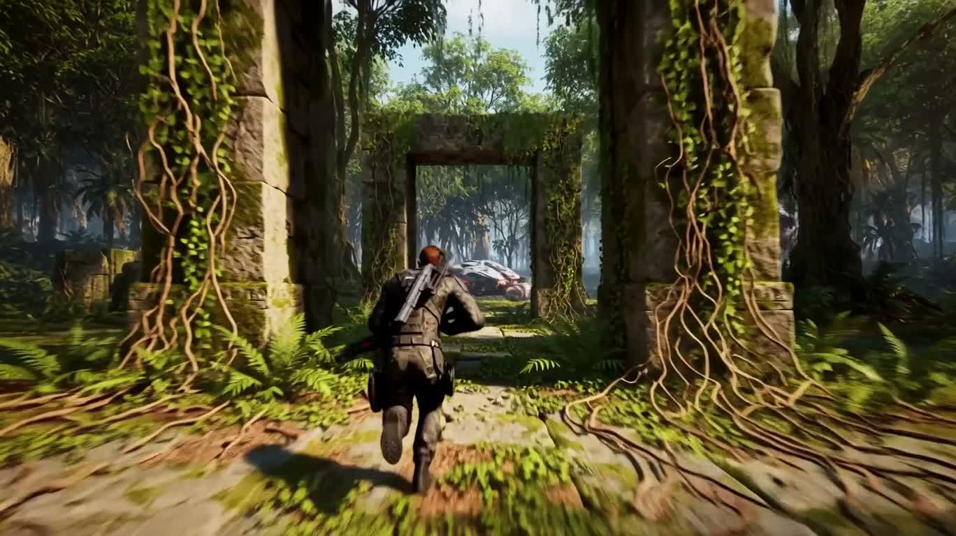 Sci-Fi Jungle Ruins Pursuit — AI video creation