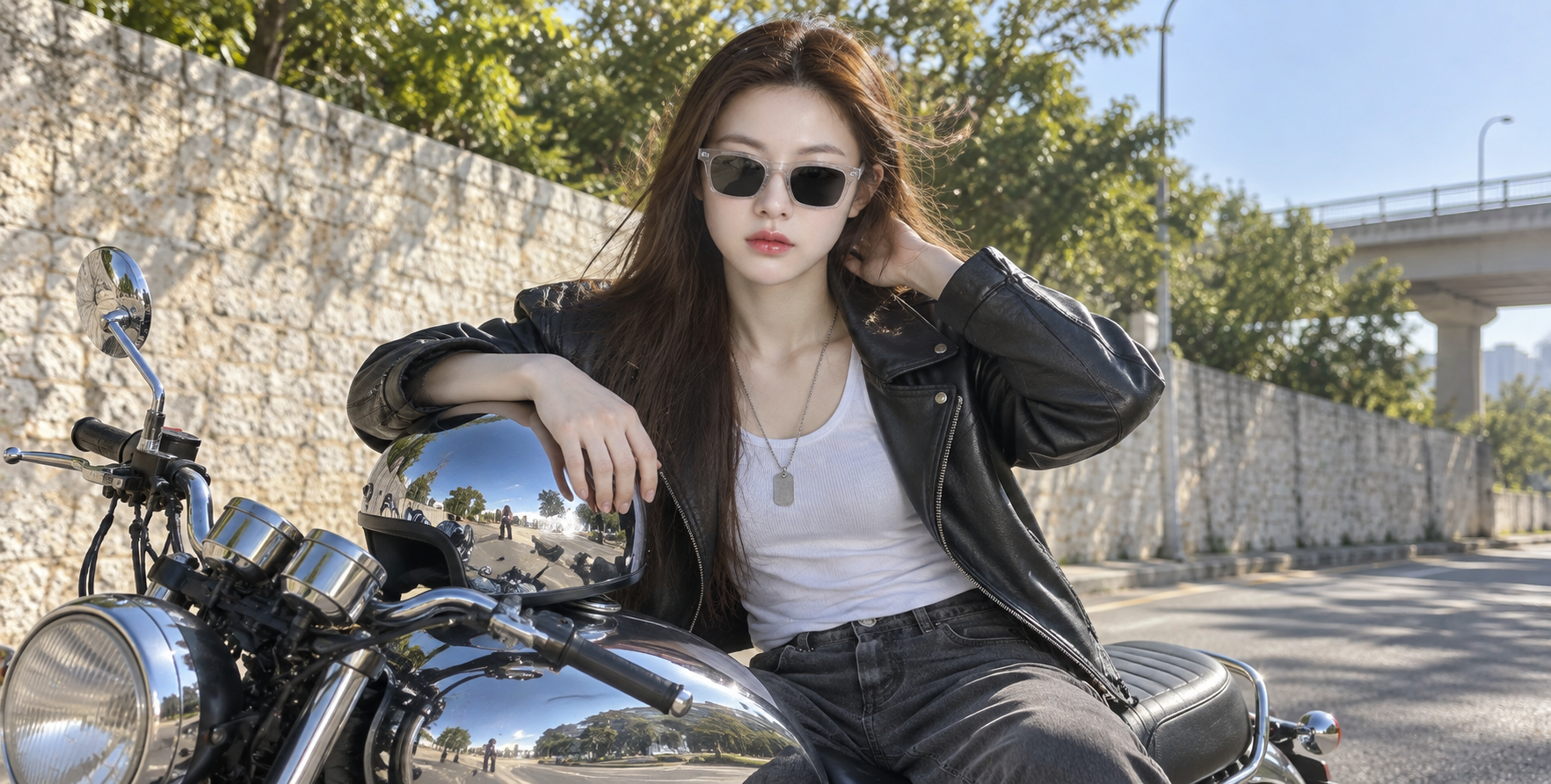 清晨镀铬复古摩托车人像