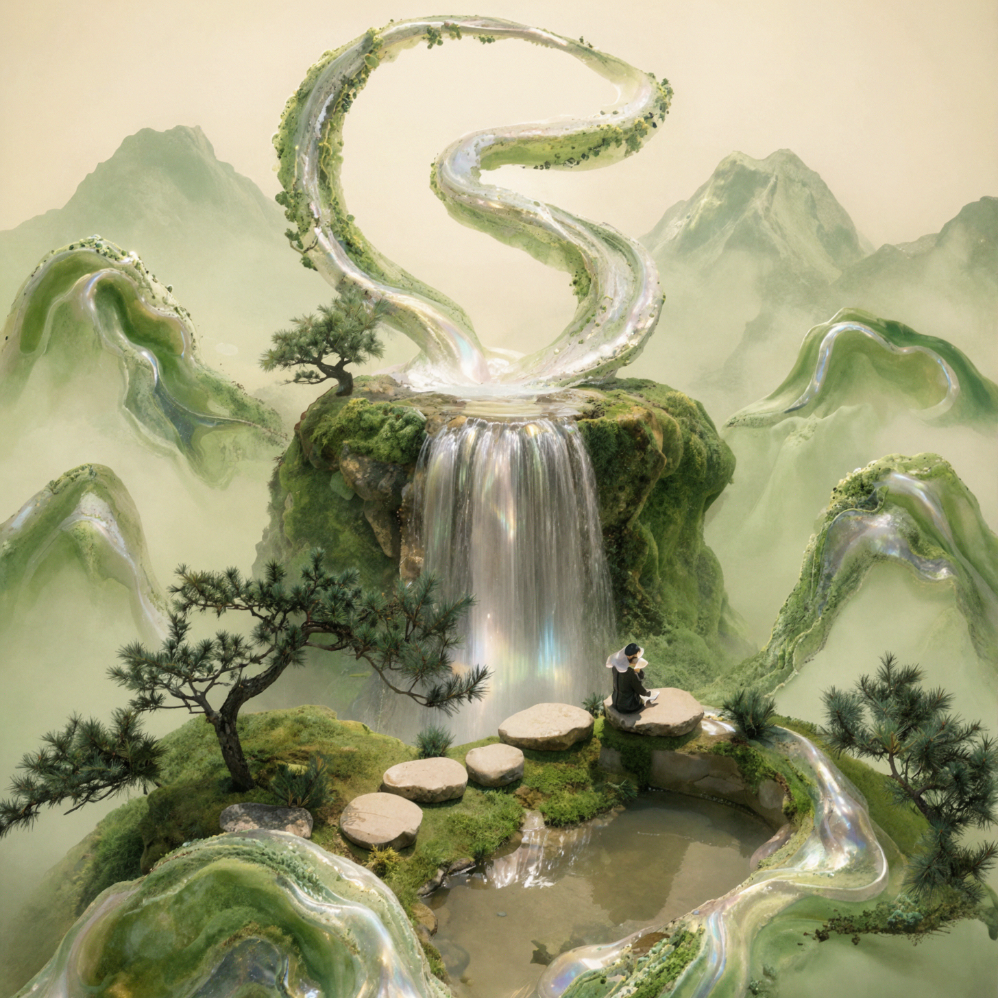 Водопад из 3D-бумажной скульптуры · Мечтательный софт-фокус — AI image creation