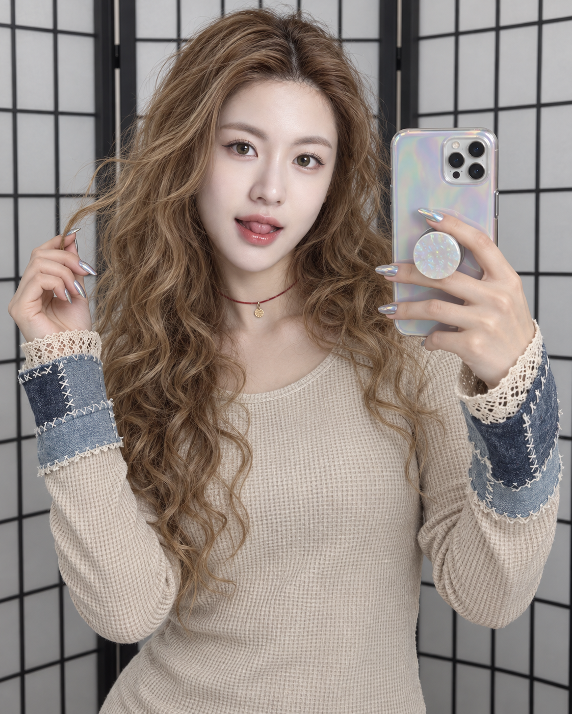 黑白格屏前的成年女性卷发镜中自拍