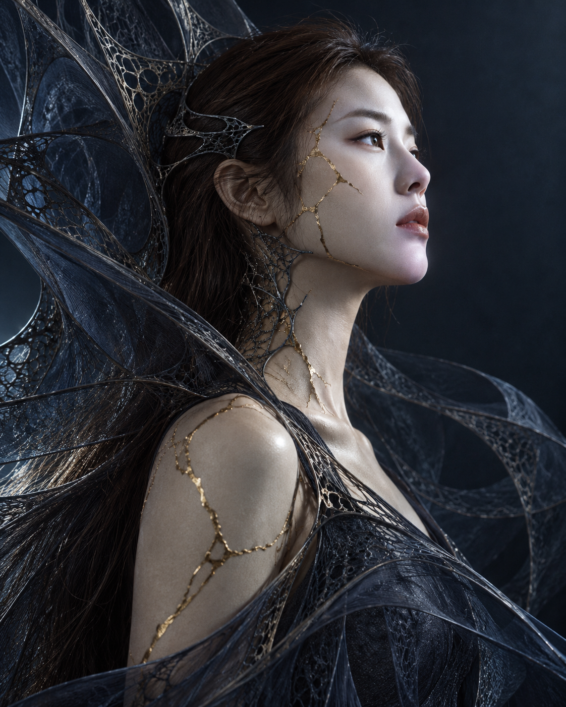 Chân dung tĩnh lặng của vết nứt kintsugi và kiến trúc kỹ thuật số sinh học — AI image creation