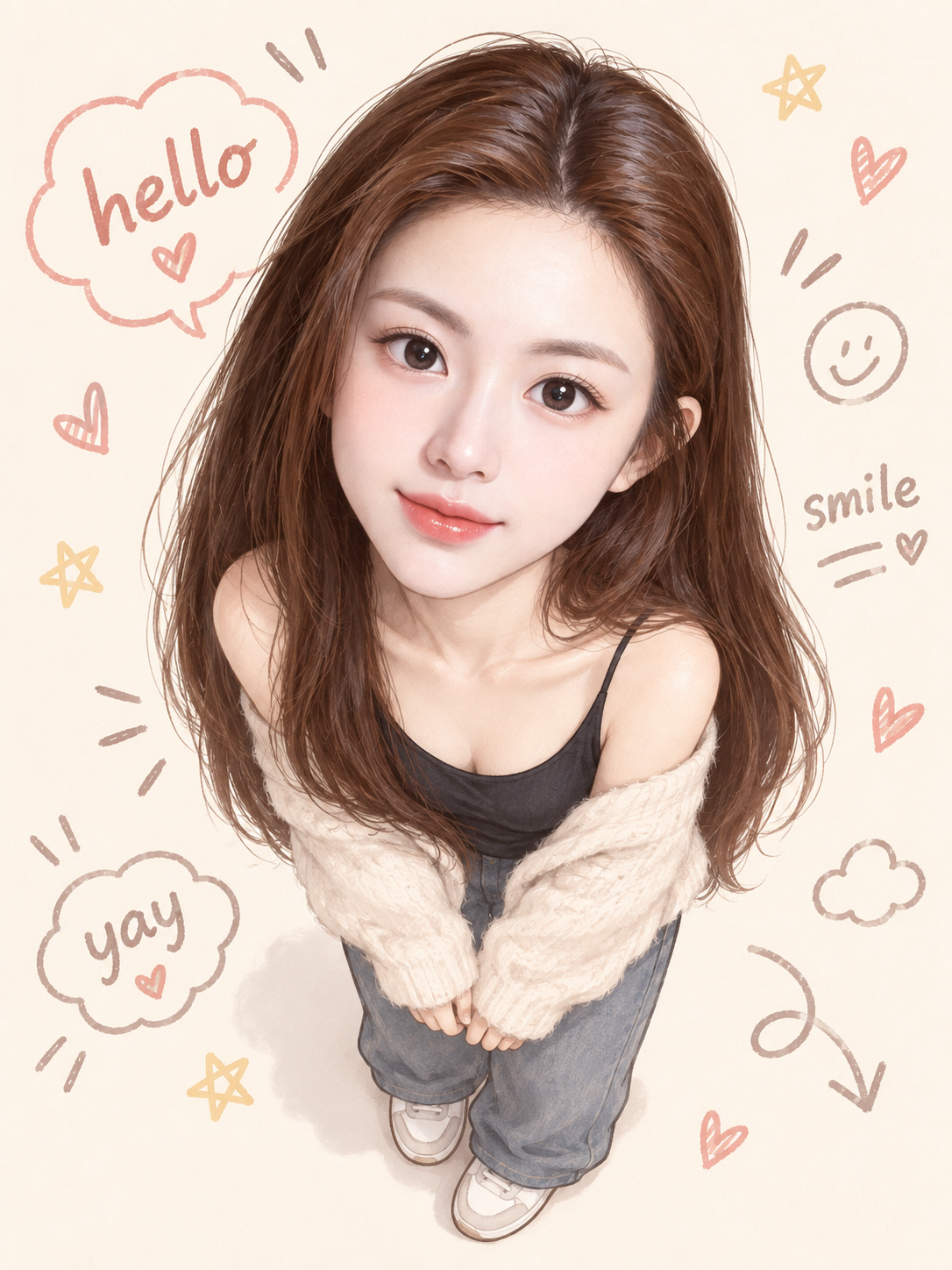 奶油色涂鸦背景的半写实Q版成人头像 — AI image creation