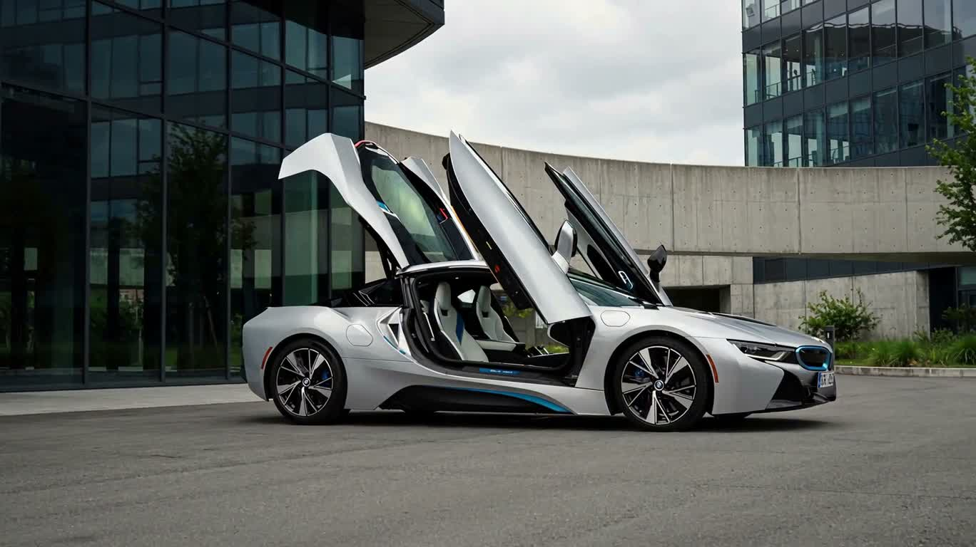 銀色BMW i8のバタフライドアが閉じた都市のシネマティックな風景