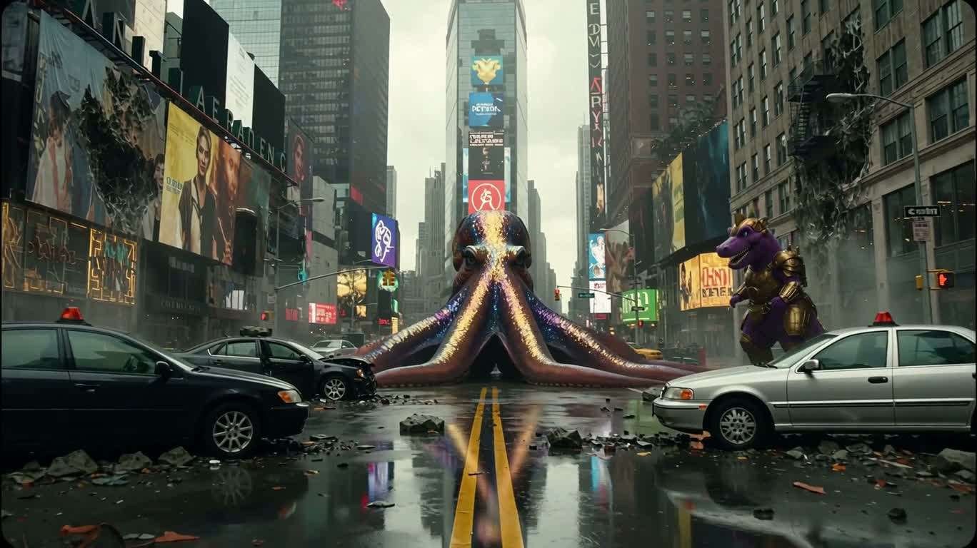 Duel de la reine pieuvre à Times Square à la fin du monde
