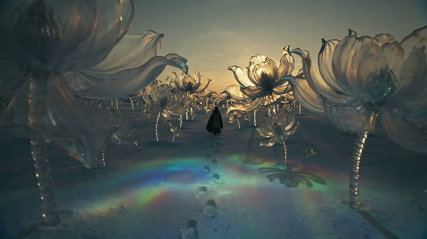 Champ de fleurs de cristal sur la poussière lunaire — AI video creation