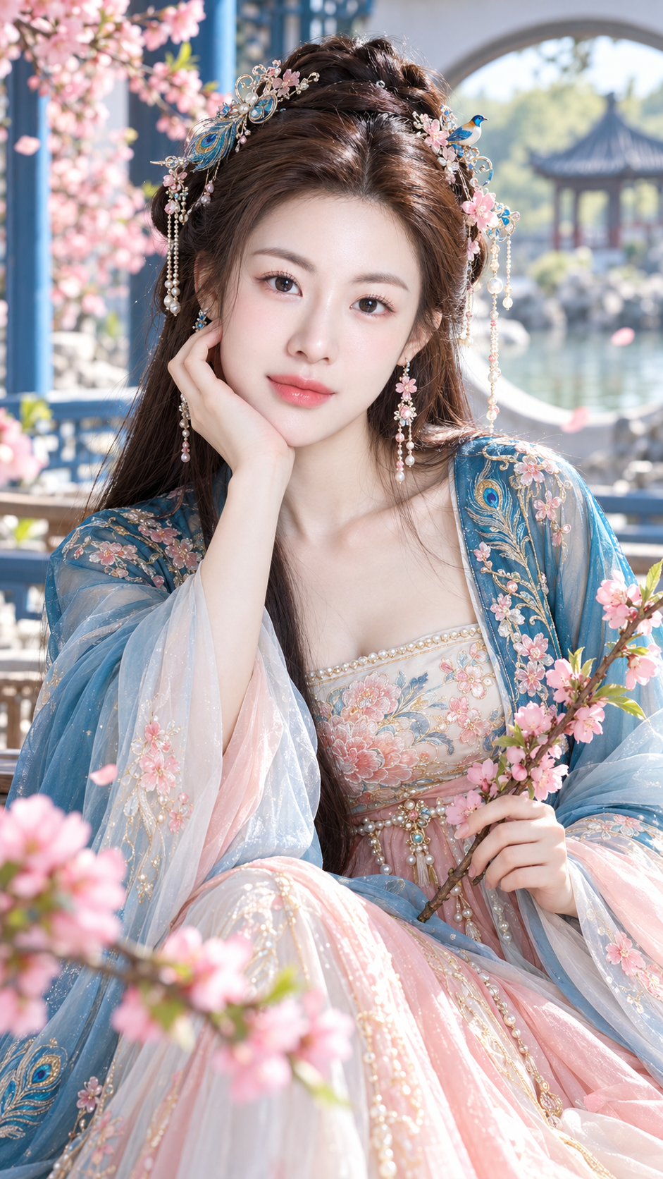 복숭아꽃 정원의 블루 핑크 대비 고풍 스타일 인물 초상