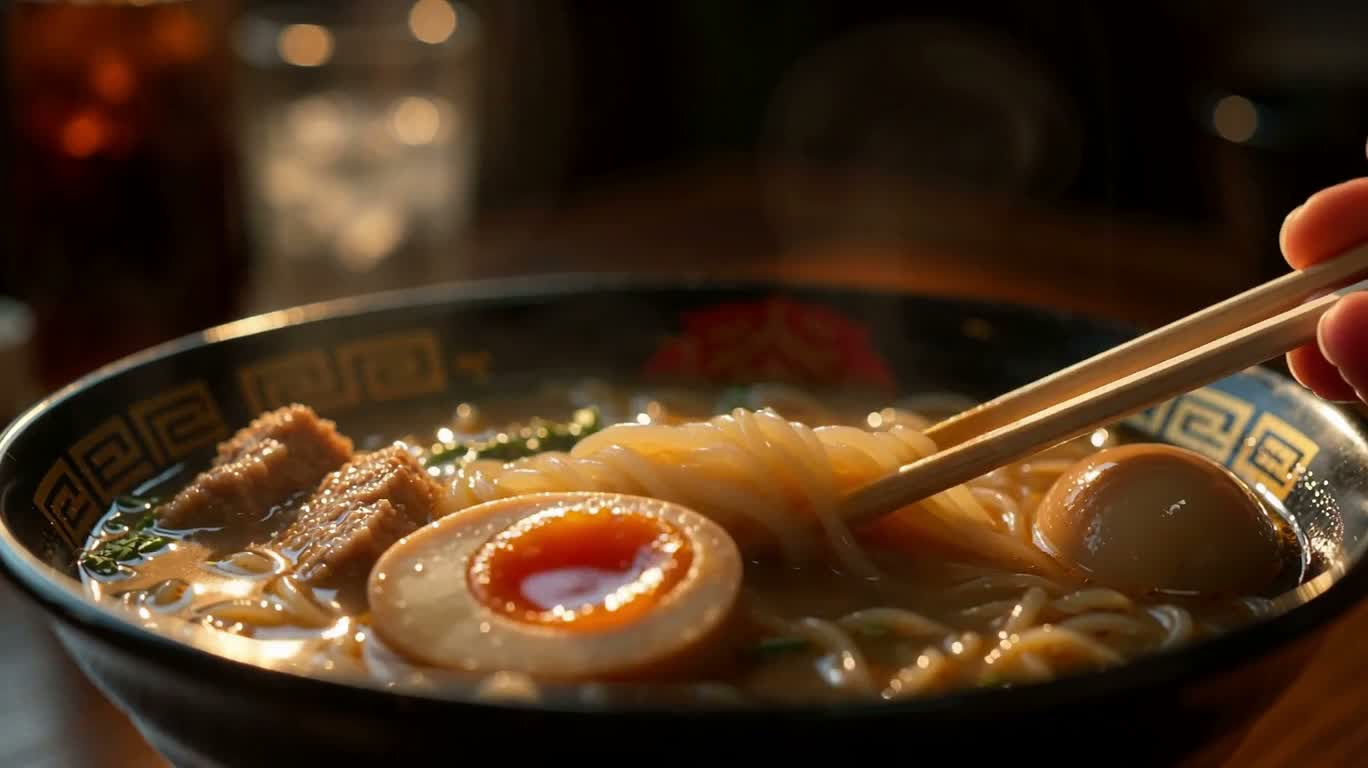 Close-up of Steaming Ramen Soup