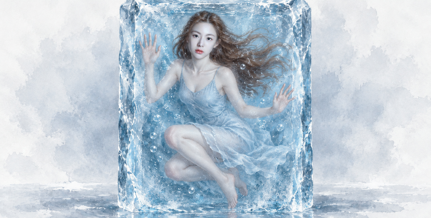冰块中的成年女性与水彩般的隔绝梦境