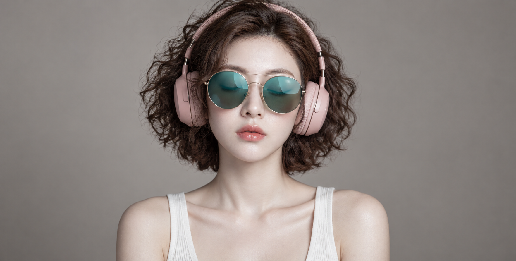 눈을 감고 음악을 듣는 곱슬머리 패션 초상화