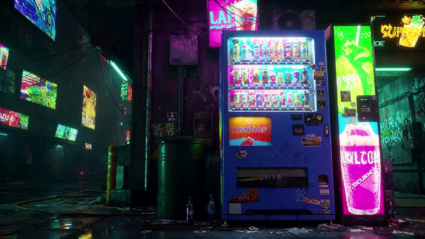 霓虹赛博朋克自动售货机 — AI video creation