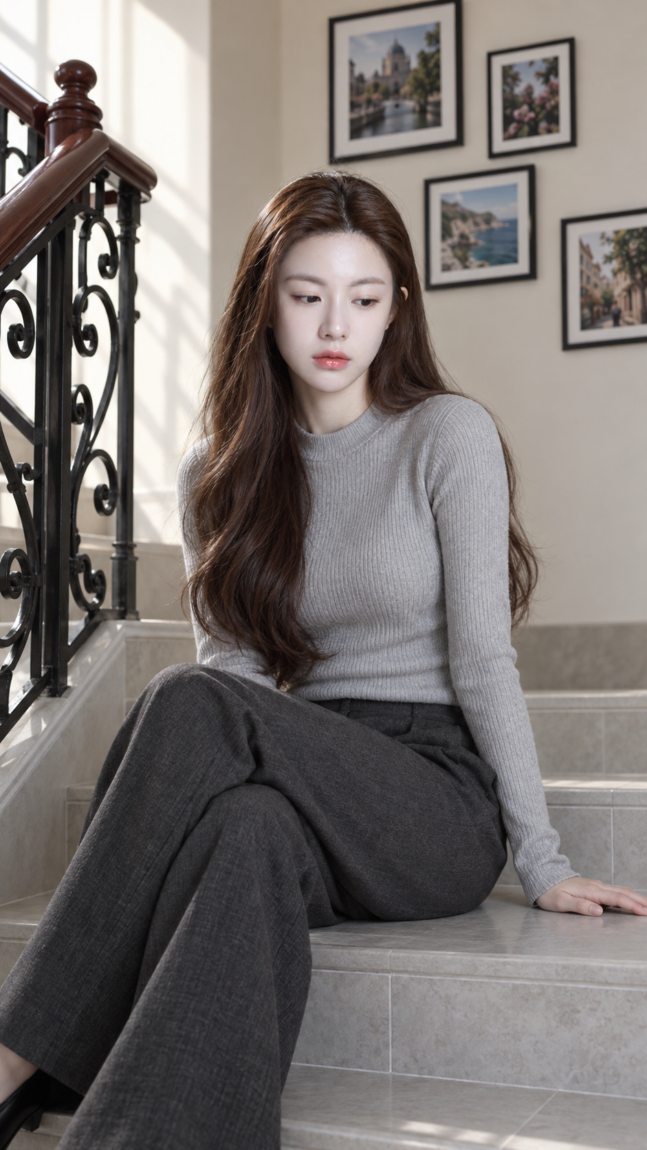 楼梯间成年女性长发电影感全身人像