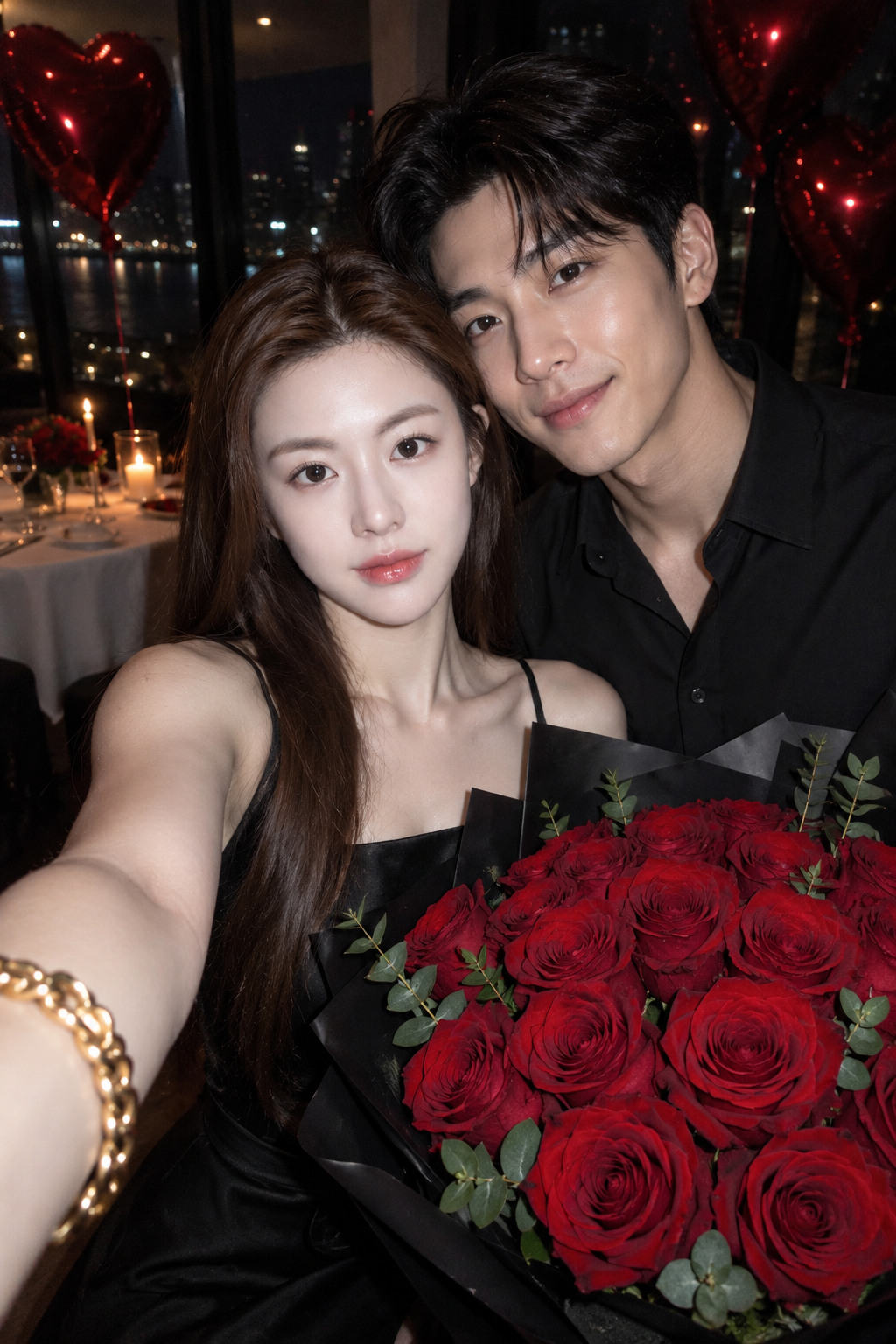 밤 파티에서 붉은 장미 커플 셀카