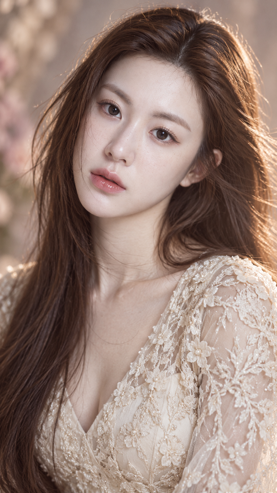 바람에 날리는 머리카락과 부드러운 림 라이트의 몽환적 패션 초상