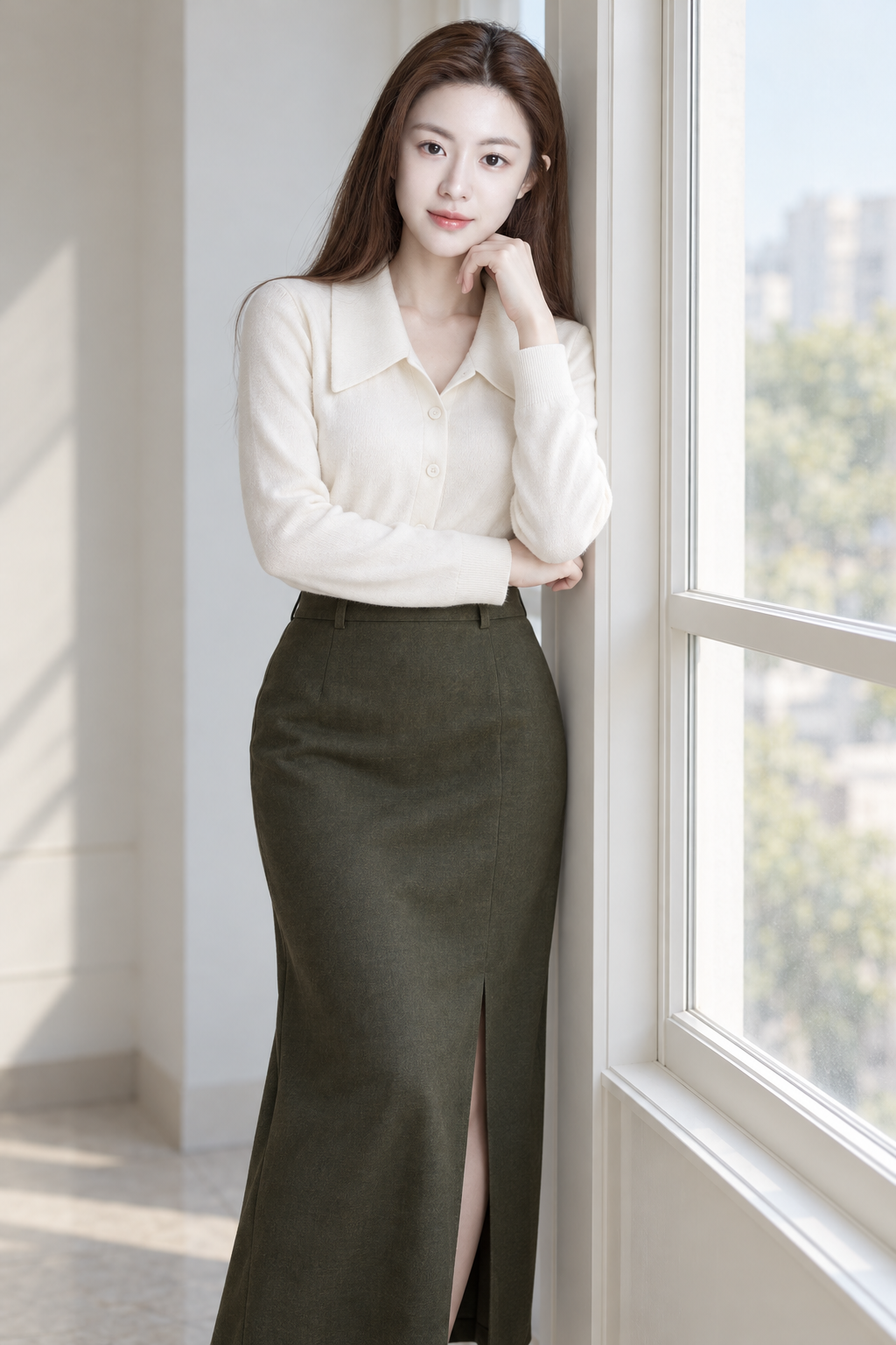 窗边端庄长裙成年女性时尚人像