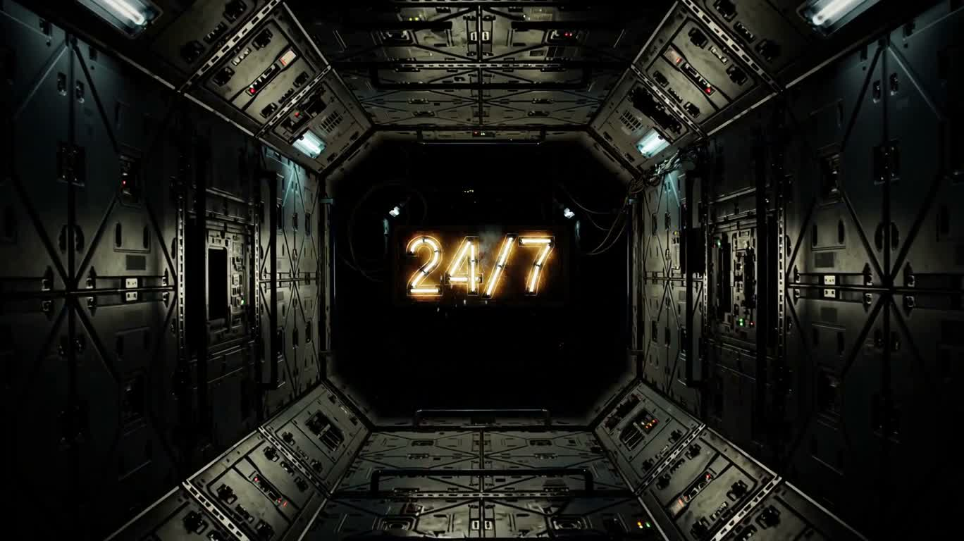 太空站黑暗中的“24/7”故障霓虹牌