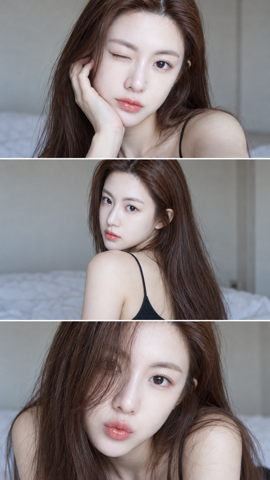 Y2K 성인 일본 여성 3컷 세로 셀카 콜라주