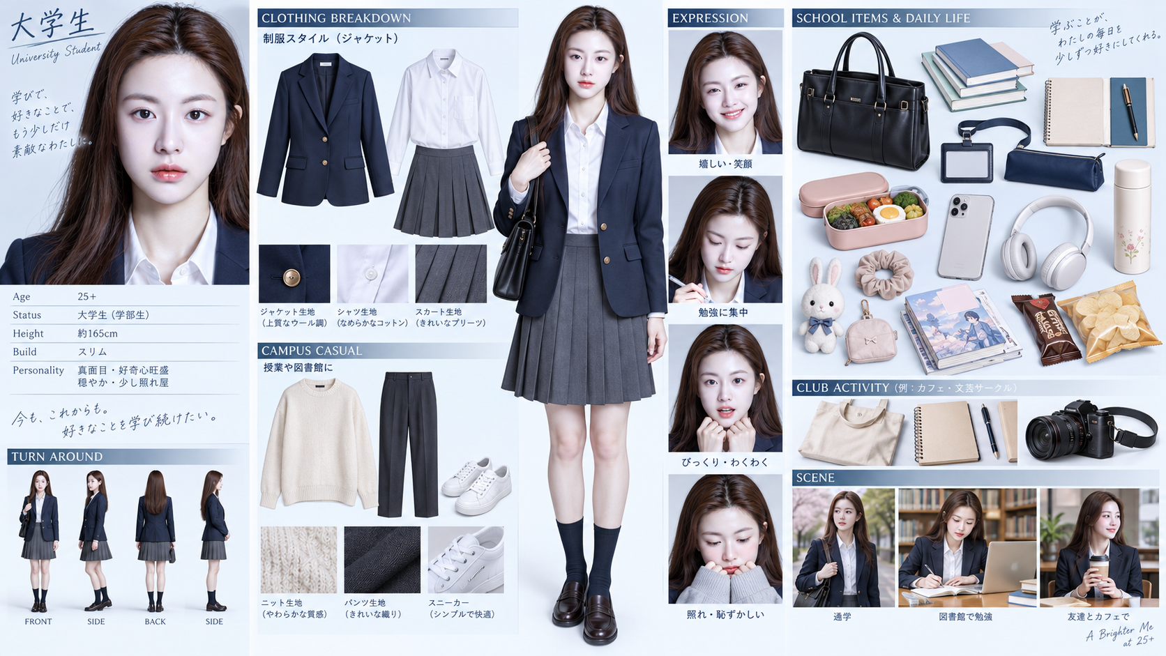 成年大学生校园造型角色设定板 — AI image creation