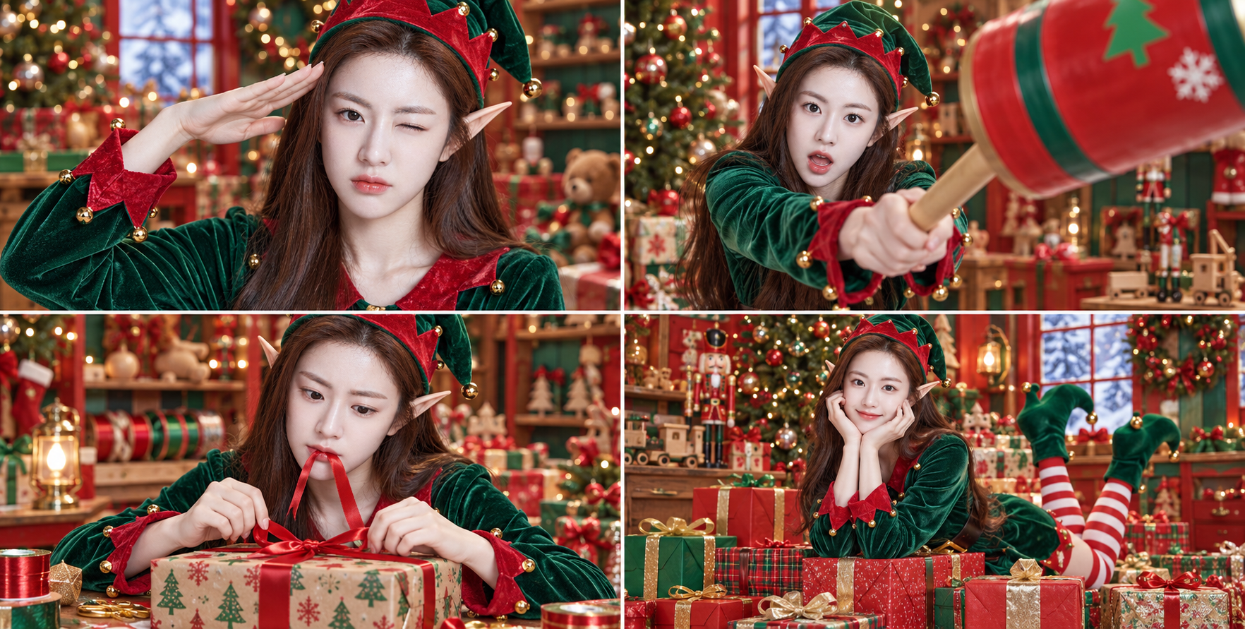 クリスマスエルフの女性ポートレート四分割コラージュ — AI image creation
