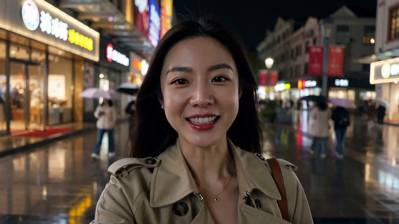 雨の夜のネオン街で自撮り