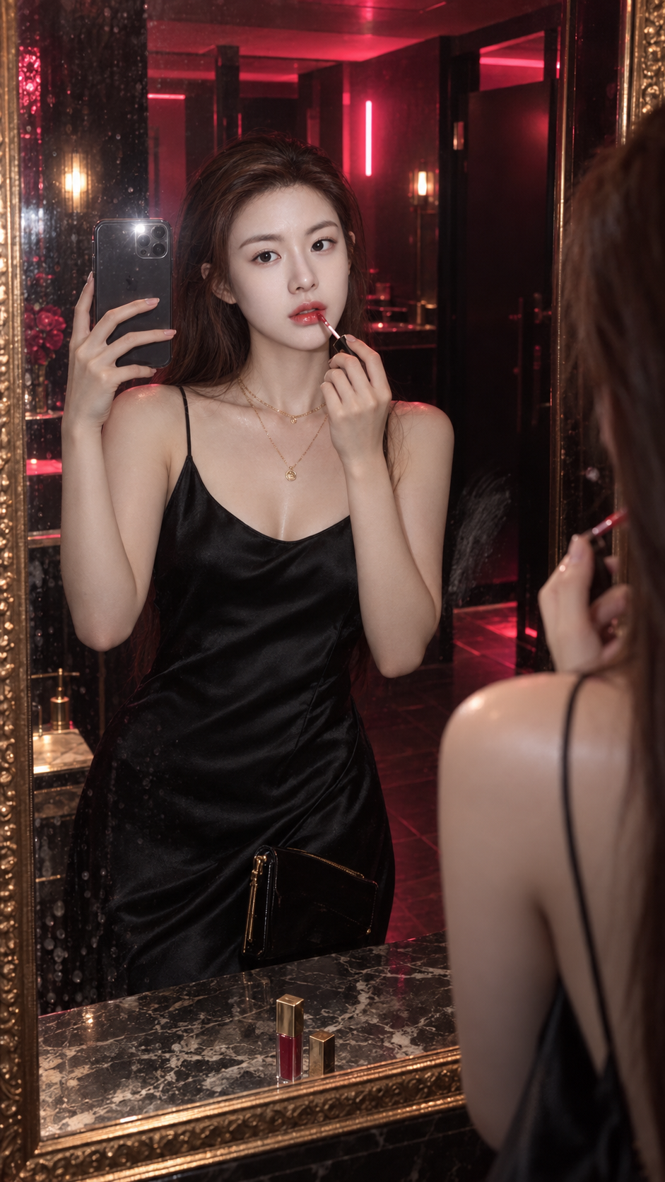 霓虹夜色中红唇对镜自拍的撩人瞬间 — AI image creation