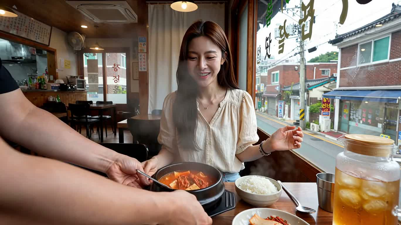Korean Kimchi Hot Pot Lunch by the Window