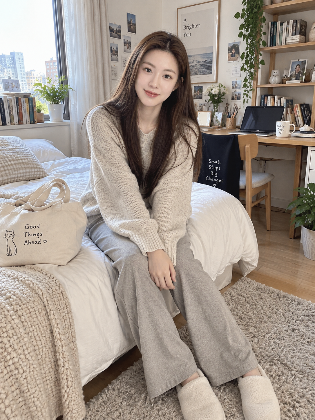 舒适公寓卧室中的成年女性生活快照