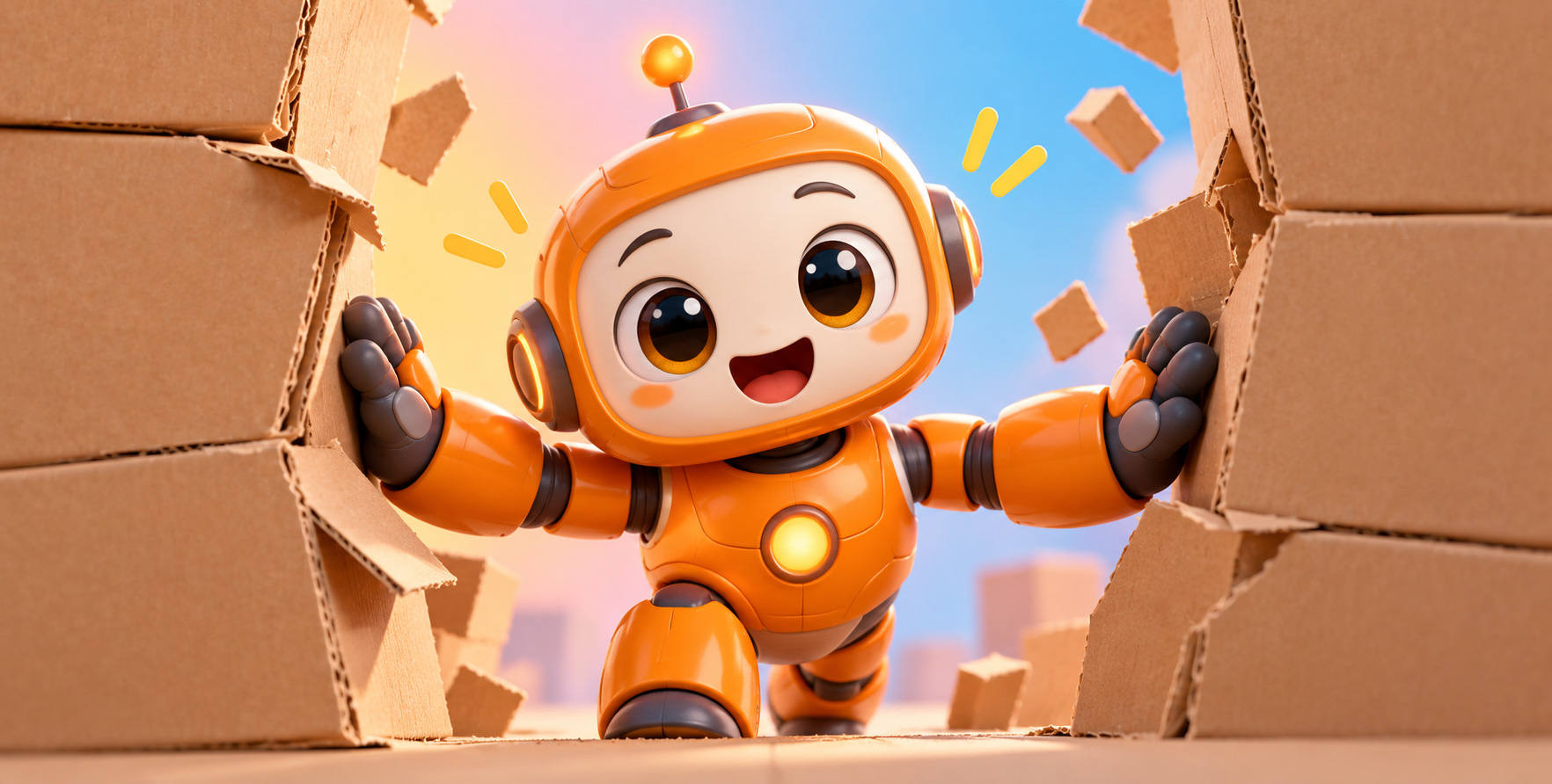 欢乐3D卡通机器人闯过纸板墙 — AI image creation