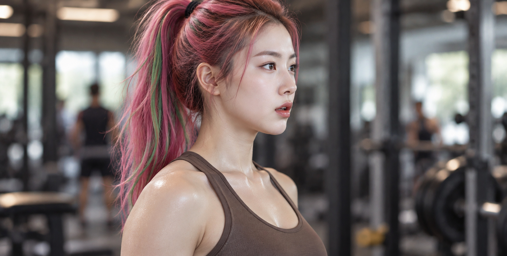 Chân dung thể hình phụ nữ trưởng thành tóc đuôi ngựa cao neon