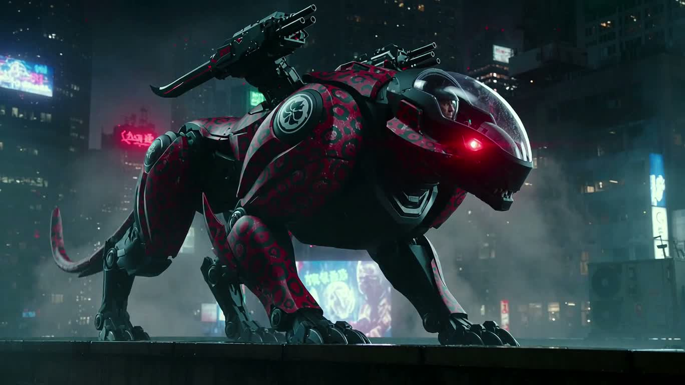 Nuit de pluie néon : bond du mecha panthère-tigre obsidienne