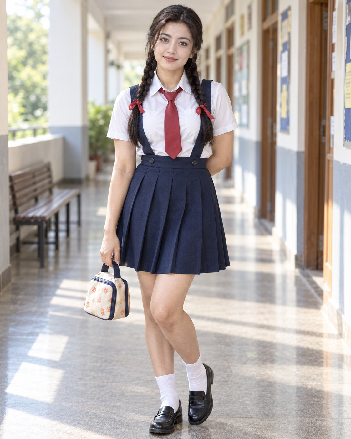 红丝带双辫与午餐包的成人学院风人像 — AI image creation