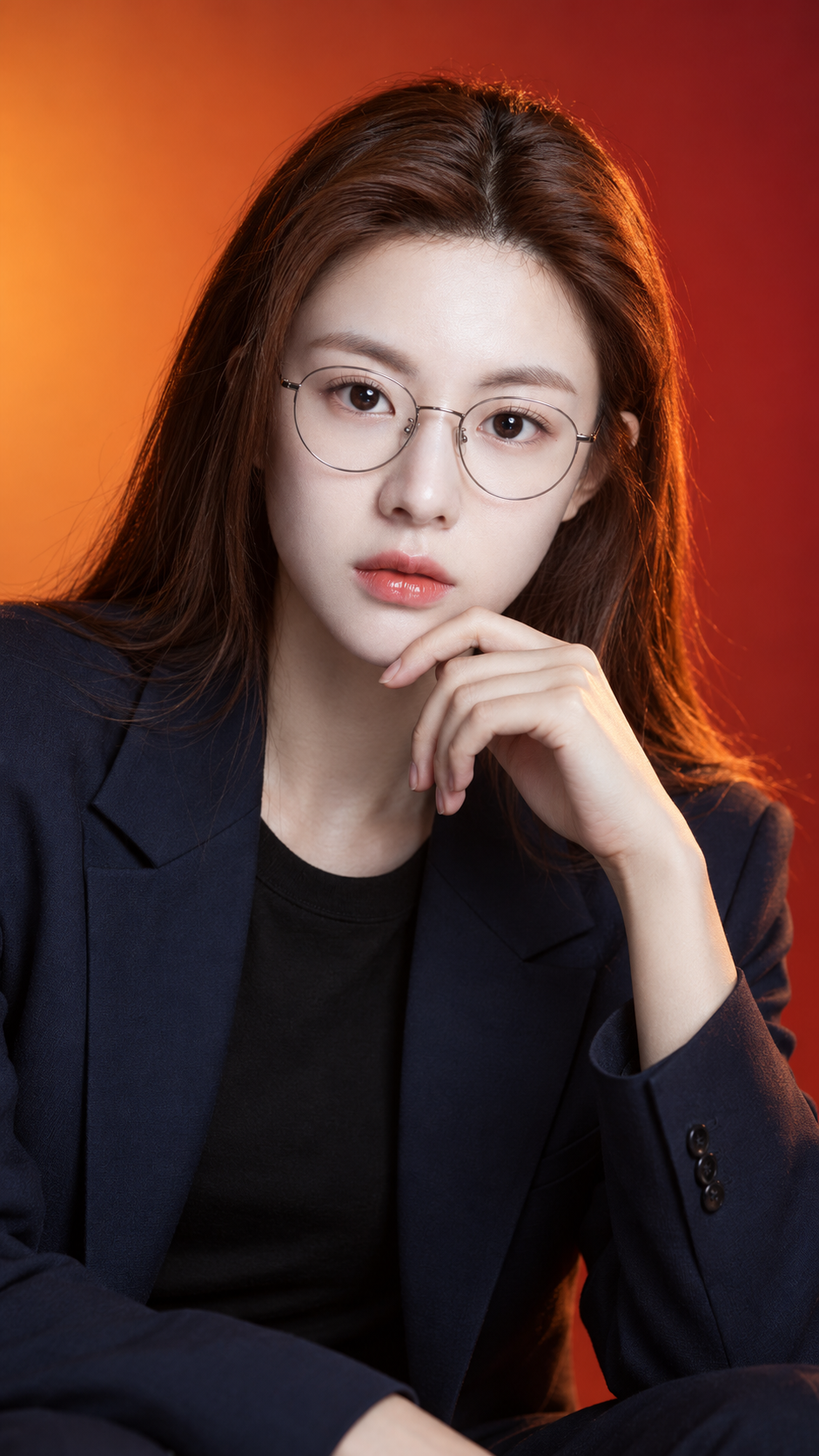 따뜻한 주황빛 붉은 그라데이션 배경의 지적인 패션 초상화