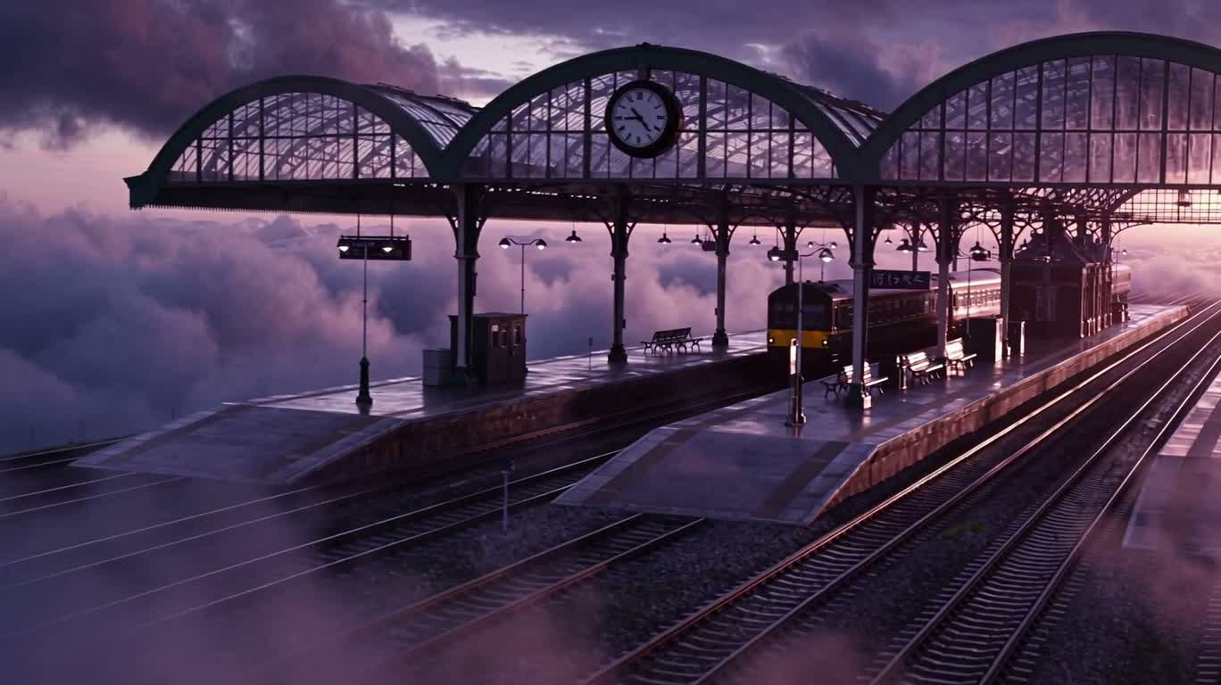 Station flottante au-dessus des nuages violets