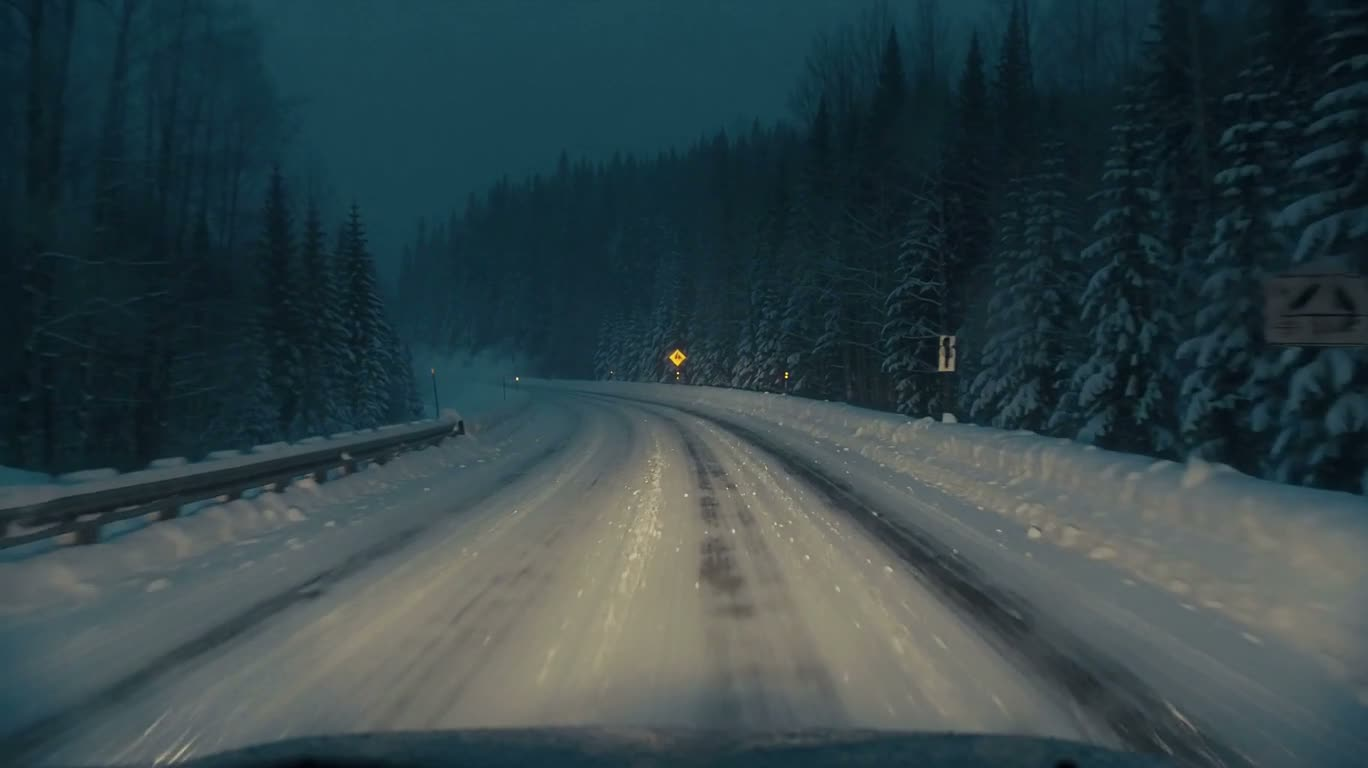 风雪荒野公路夜行 — AI video creation