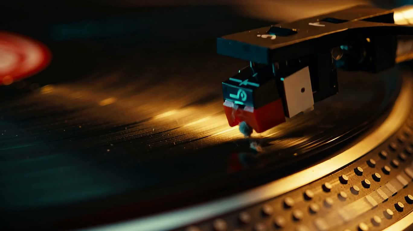 レコード盤の上のミニチュアドラマー