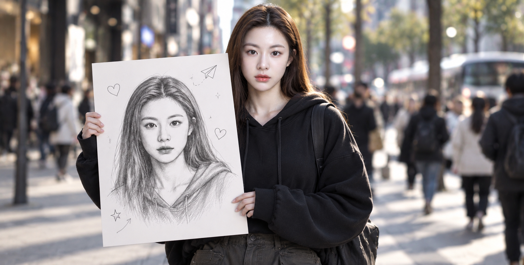 도시 거리 인물 사진과 손으로 그린 포스터 한 장