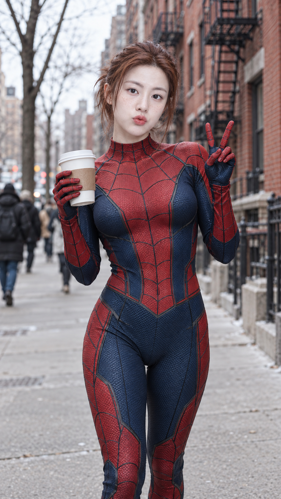 뉴욕 거리 카페의 빨강과 파랑 거미줄 스타일 히어로 복장 초상 — AI image creation
