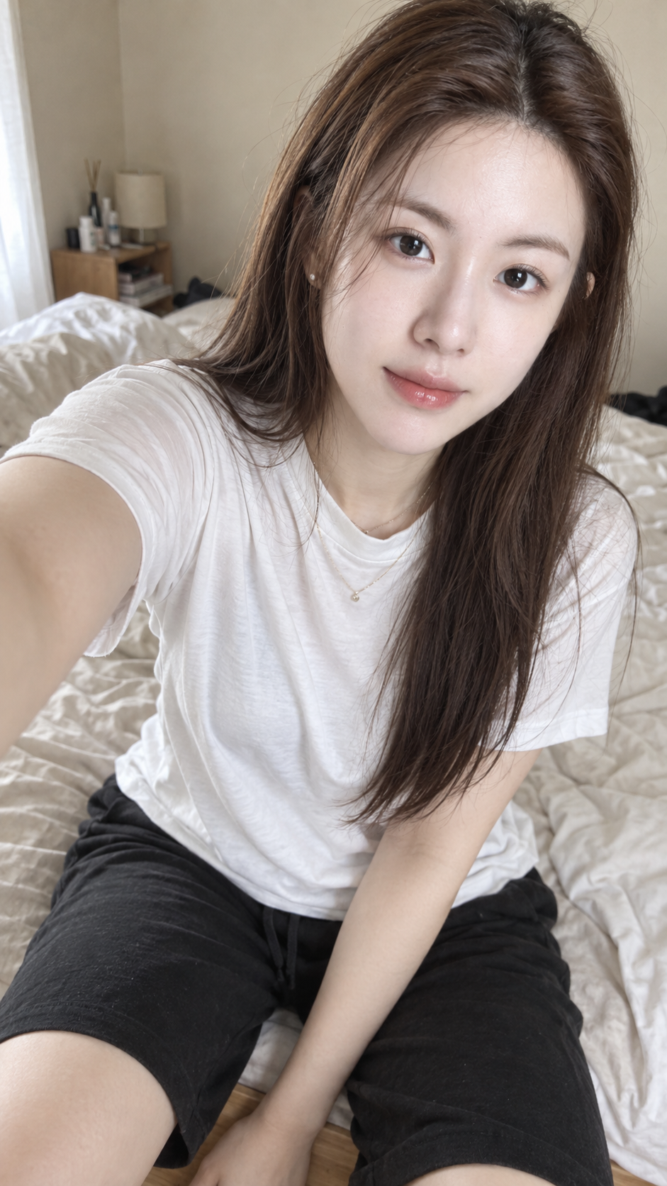 晨间卧室里的成年女性自然手机自拍 — AI image creation