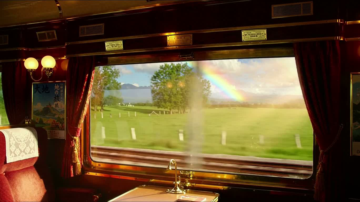 Train vintage et chevaux galopants sur la prairie arc-en-ciel