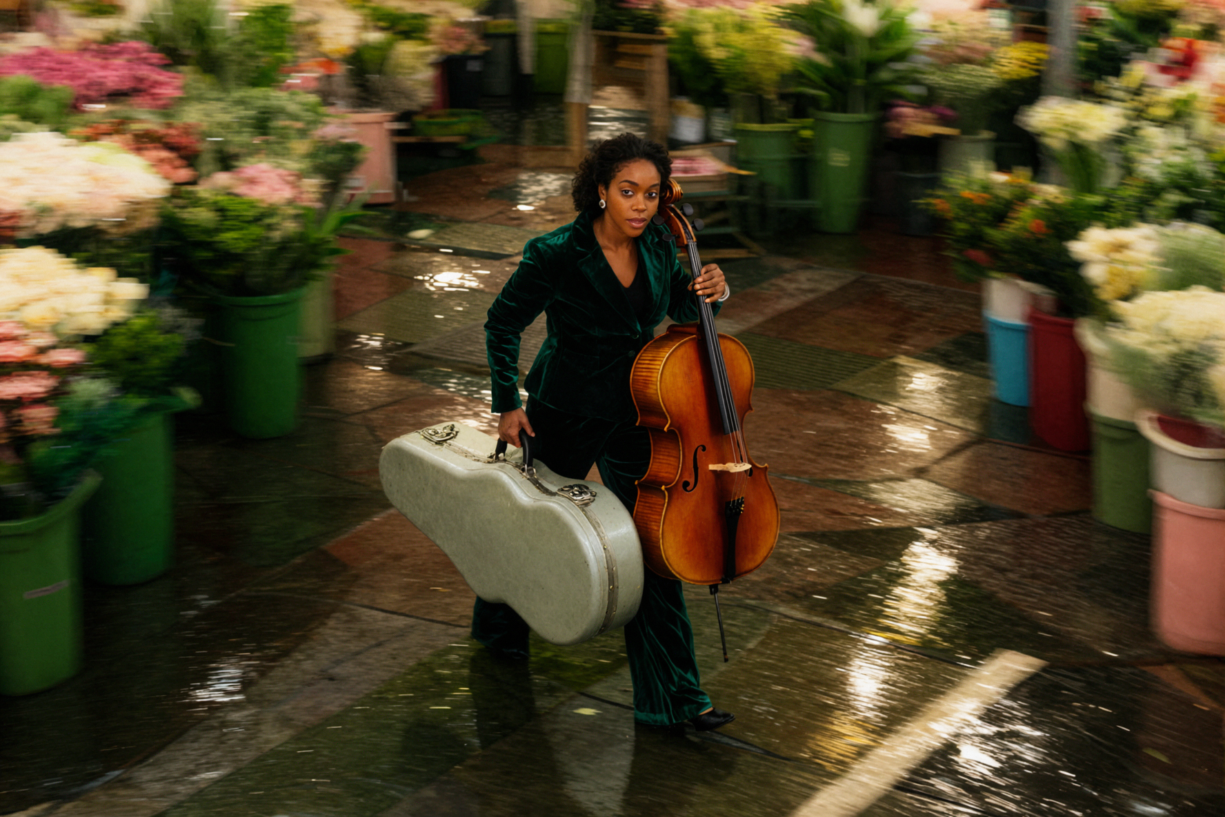 Adult Mixed-Race Female Cellist · Departing from the Case · Slow-Shutter Tracking — AI image creation