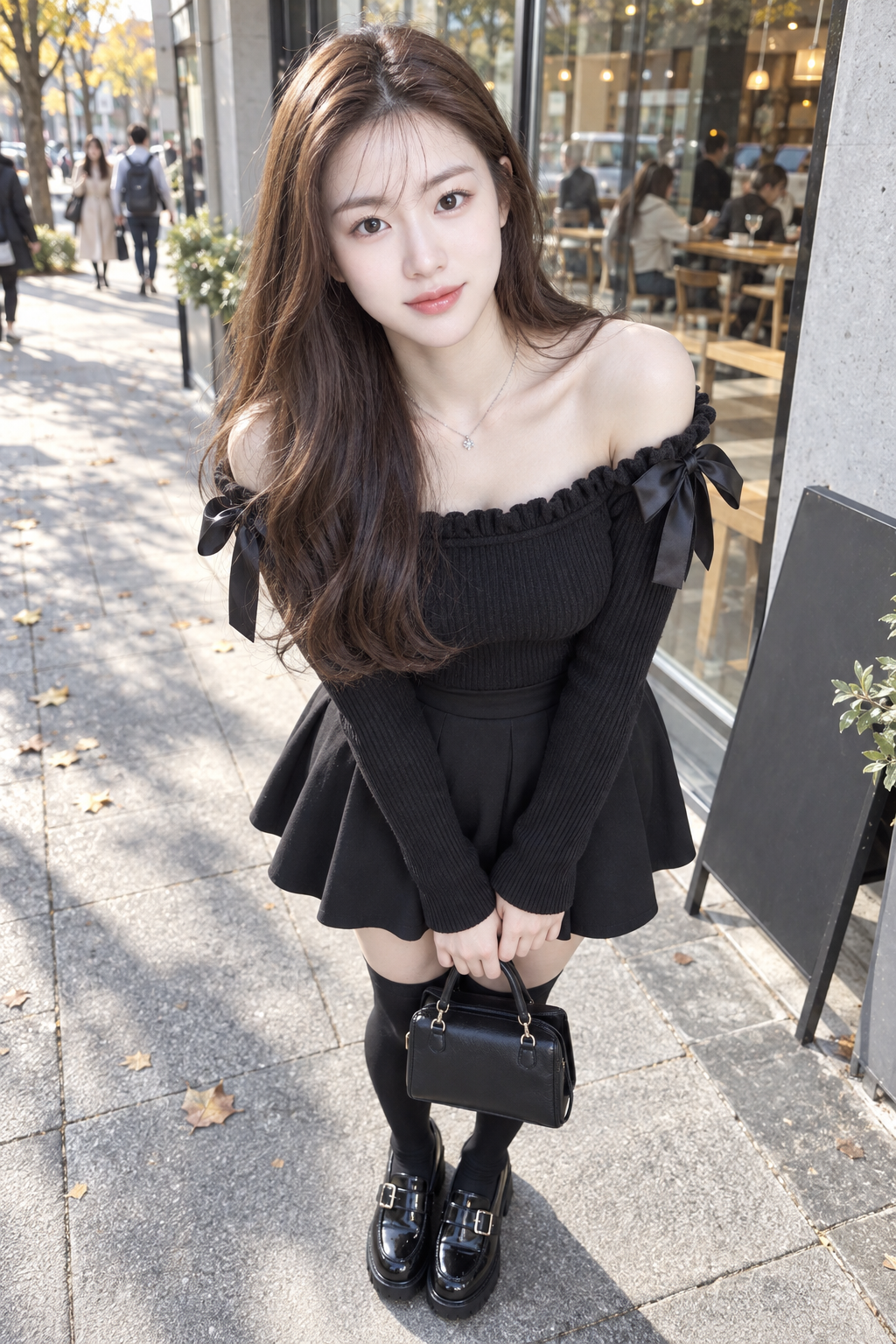 카페 거리에서 검은 패션을 입은 성인 일본 여성의 전신 사진