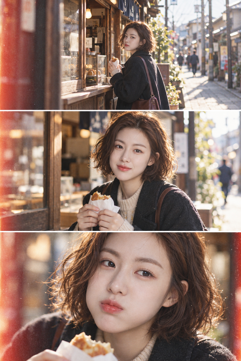 Three-Panel Japanese Film Storyboard of a Woman at a Street-Side Shop