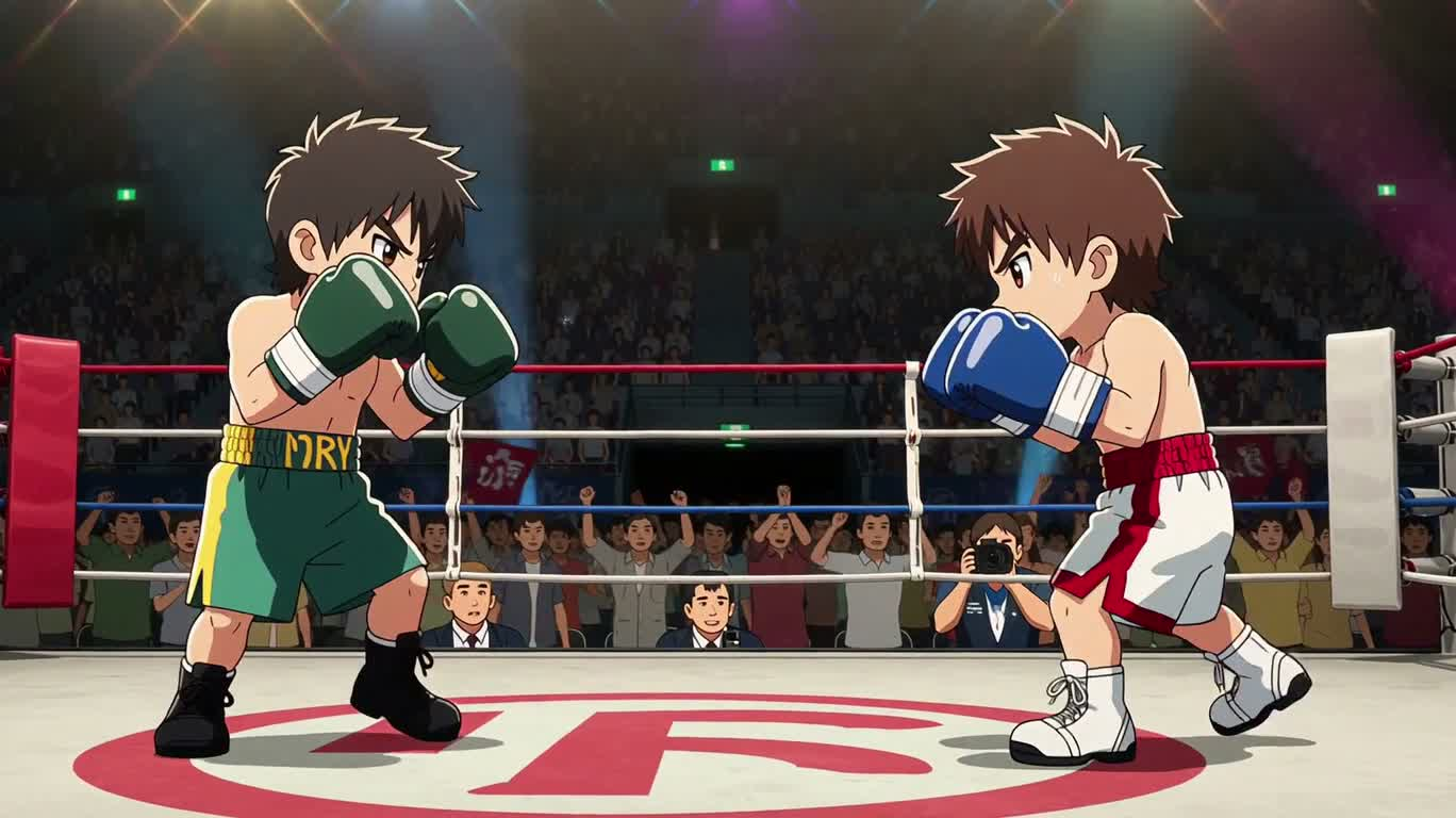 Ring de boxe chibi : coup final d'anime — AI video creation