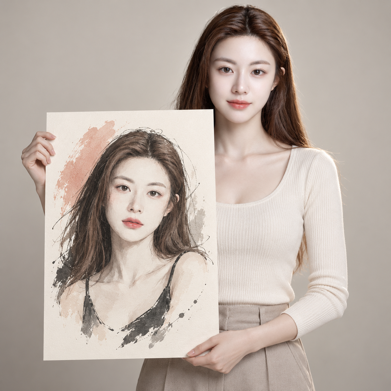 手持同身份艺术肖像海报的影棚人像 — AI image creation