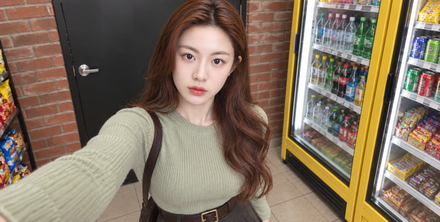 红发成年女性便利店随性时尚自拍