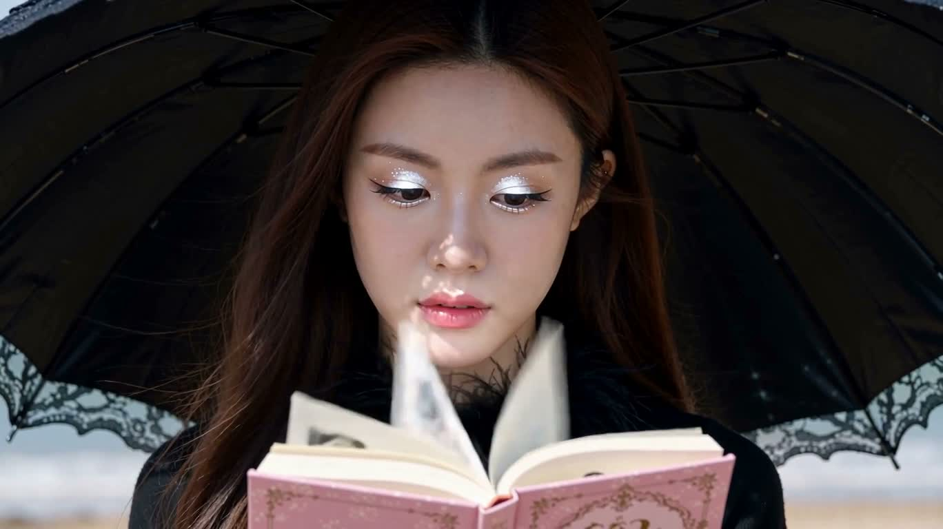 黑伞下翻阅发光笔记本的微笑女子