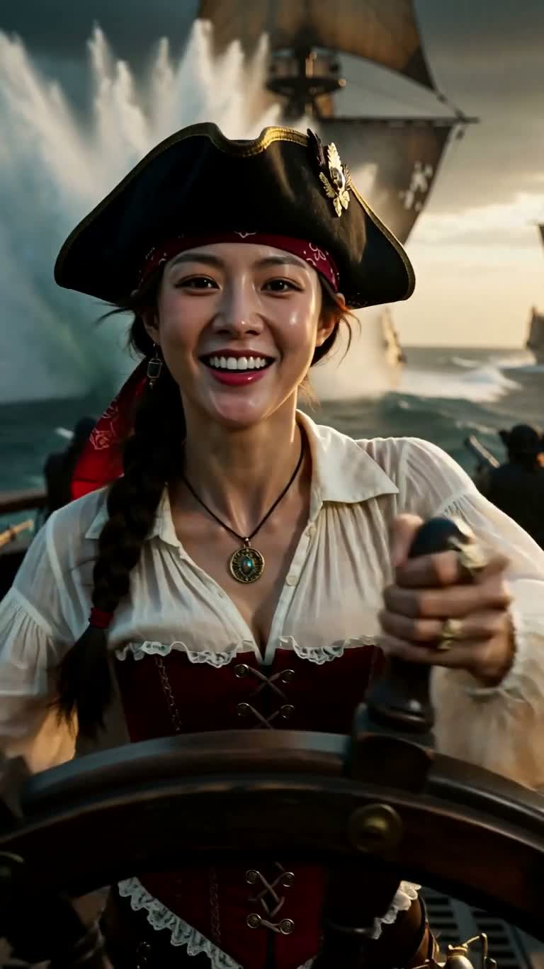 La capitaine pirate sur la mer déchaînée — AI video creation