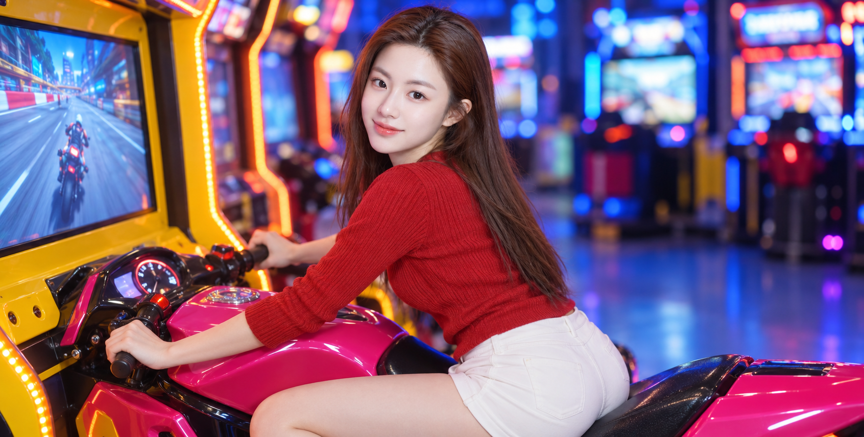 네온 오락실에서 오토바이 게임을 하는 성인 여성